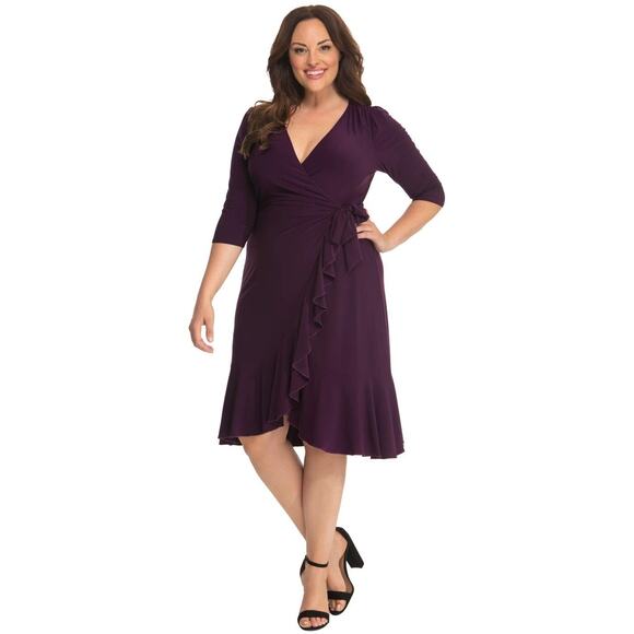 Kiyonna Dress Whimsy Style True Wrap1X Purple Ruffle Romantic Feminine Slimming - Picture 1 of 10